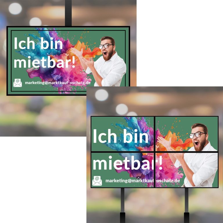 Monitorwerbung Obst- und Gemüseabteilung und Kassenbereich Marktkauf Oschatz